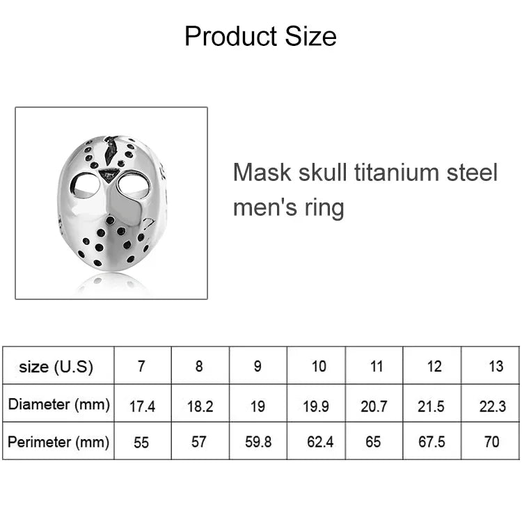 Nhẫn nam phong cách punk gothic rock mặt nạ đầu lâu thép titan, cỡ Mỹ: 7, đường kính: 17.4mm, chu vi: 55mm, đường kính: 17.4mm