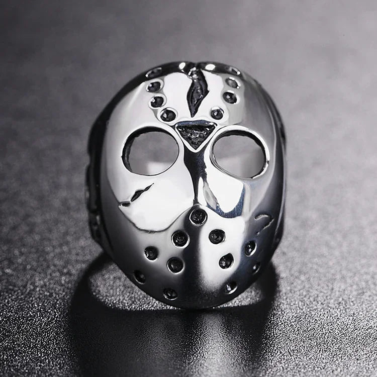 Nhẫn nam phong cách punk gothic châu Âu và Mỹ hình mặt nạ đầu lâu, thép titan, size Mỹ: 11, đường kính: 20.7mm, chu vi: 65mm, đường kính: 20.7mm
