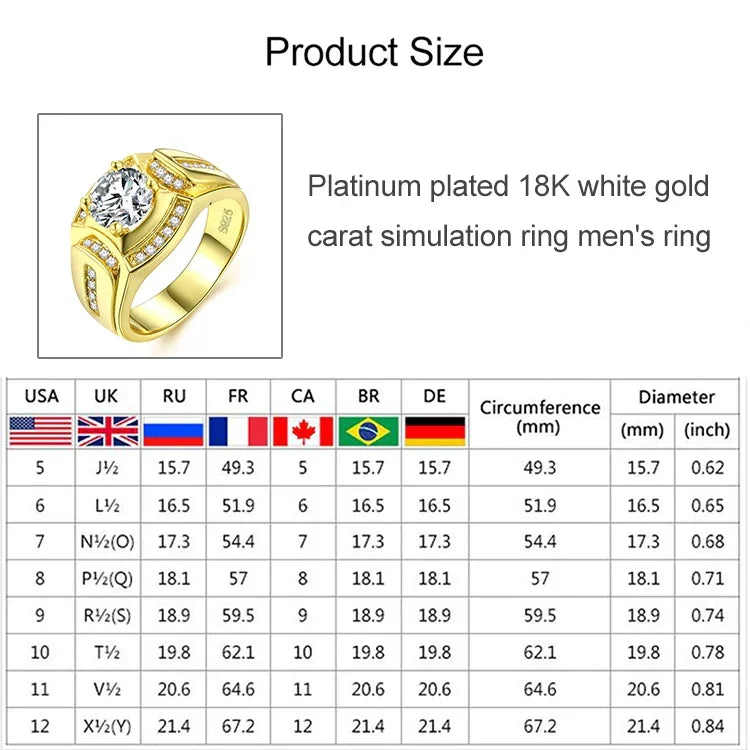 Nhẫn kim cương nam phong cách doanh nhân mạ vàng trắng 18K + đá zircon AAA, cỡ: 7, đường kính: 17.3mm, chu vi: 54.5mm, đường kính: 17.3mm