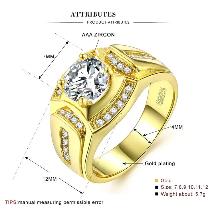 Nhẫn kim cương nam phong cách doanh nhân mạ vàng trắng 18K + đá zircon AAA, cỡ: 9, đường kính: 18.9mm, chu vi: 59.5mm, đường kính: 18.9mm