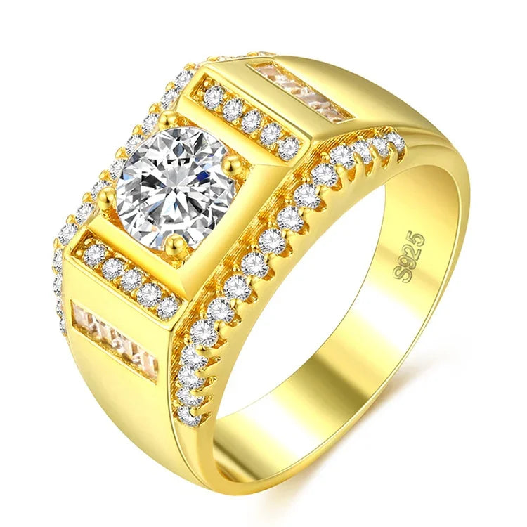 Nhẫn kim cương nam phong cách mới mạ vàng + đá zircon AAA đính đá rhinestone, cỡ: 7, đường kính: 17.3mm, chu vi: 54.4mm, đường kính: 17.3mm