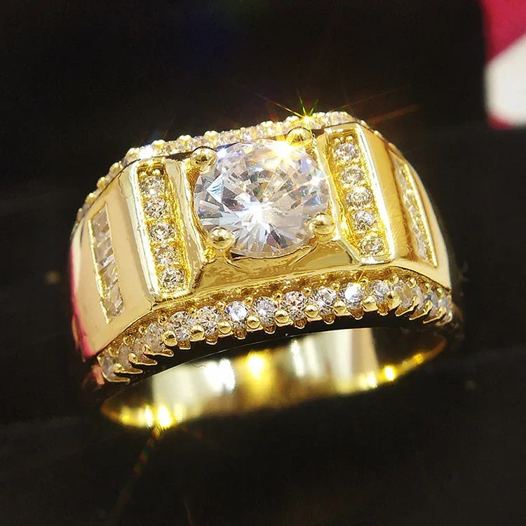 Nhẫn kim cương nam phong cách mới mạ vàng + đá zircon AAA đính đá rhinestone, cỡ: 7, đường kính: 17.3mm, chu vi: 54.4mm, đường kính: 17.3mm