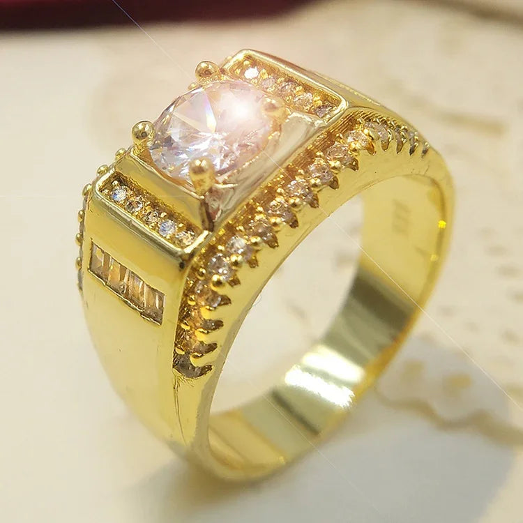 Nhẫn kim cương nam phong cách mới mạ vàng + đá zircon AAA đính đá rhinestone, cỡ: 7, đường kính: 17.3mm, chu vi: 54.4mm, đường kính: 17.3mm