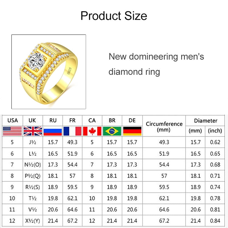 Nhẫn kim cương nam phong cách thời trang mới mạ vàng + đính đá Zircon AAA, cỡ: 8, đường kính: 18.1mm, chu vi: 57mm, đường kính: 18.1mm