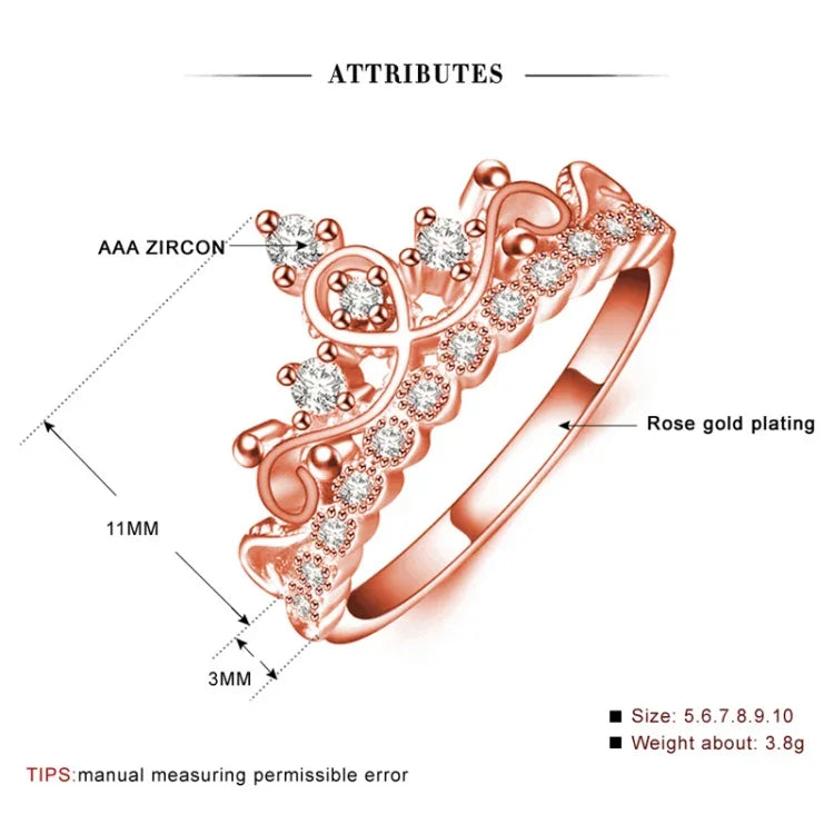 Nhẫn mạ vàng hồng hình vương miện công chúa, Size Mỹ: 6, Đường kính: 16.5mm, Chu vi: 51.9mm, 6