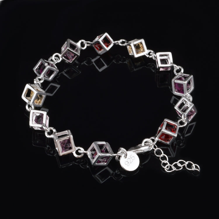 Vòng tay thời trang bạc đính đá rhinestone màu sắc ô vuông rỗng (bạc)