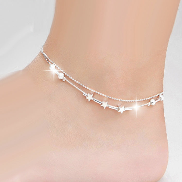 Lắc chân trang sức thời trang bạc mạ đôi hạt phấn và sao (bạc)
