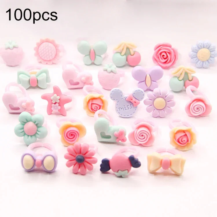 100 chiếc nhẫn trẻ em hình hoa, động vật, trái tim, nơ bằng nhựa resin dễ thương, bề mặt mờ, 100 chiếc