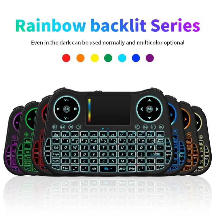 Bàn phím không dây mini MT08 2.4GHz với chuột bay QWERTY có đèn nền nhiều màu & Touchpad & Điều khiển đa phương tiện cho PC, TV, MT08