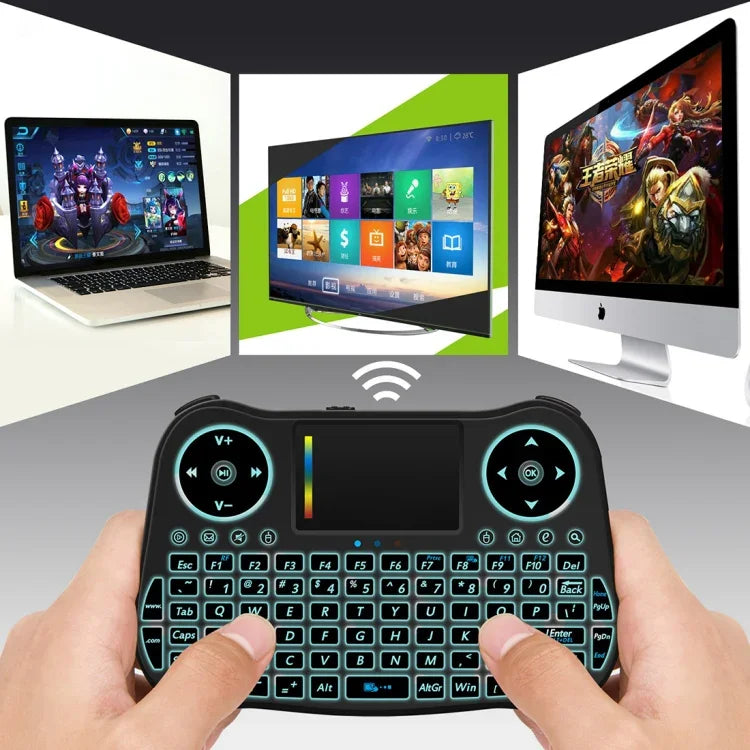 Bàn phím không dây mini MT08 2.4GHz với chuột bay QWERTY có đèn nền nhiều màu & Touchpad & Điều khiển đa phương tiện cho PC, TV, MT08