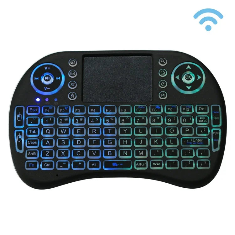 Bàn phím không dây QWERTY Mini i8 2.4GHz với đèn nền nhiều màu & Touchpad & Điều khiển đa phương tiện cho PC, Android TV BOX, X-BOX Player, Điện thoại thông minh, Thay đổi đèn nền nhiều màu