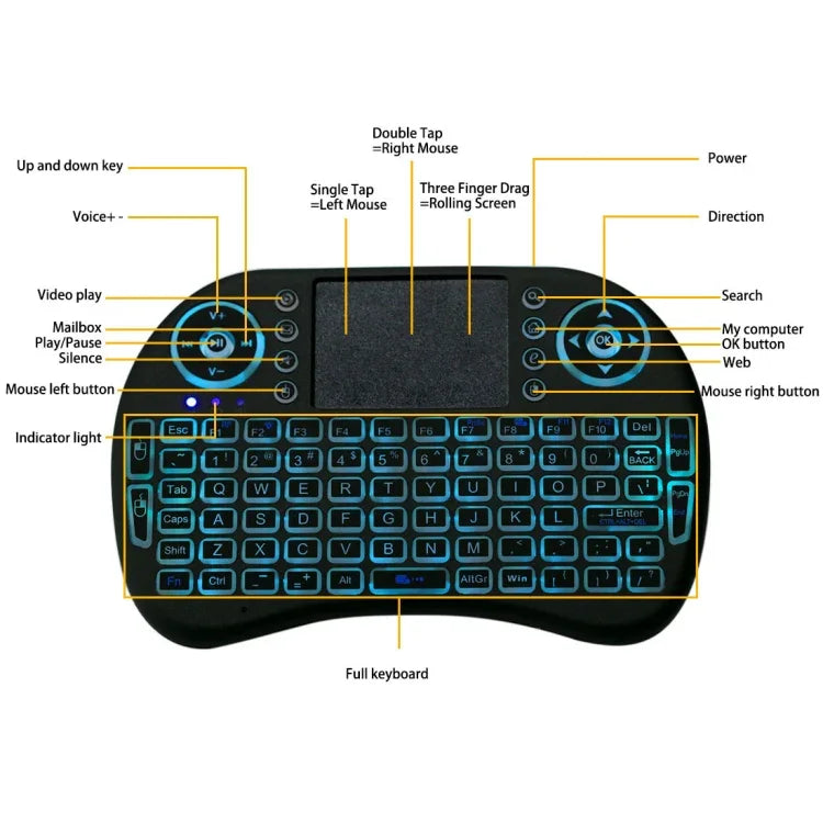 Bàn phím không dây QWERTY Mini i8 2.4GHz với đèn nền nhiều màu & Touchpad & Điều khiển đa phương tiện cho PC, Android TV BOX, X-BOX Player, Điện thoại thông minh, Thay đổi đèn nền nhiều màu