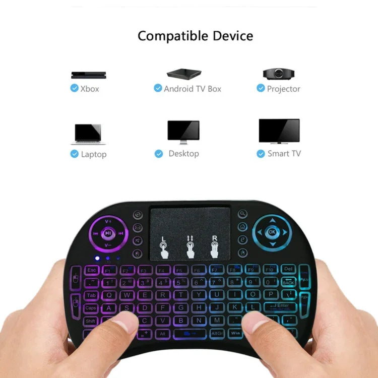 Bàn phím không dây QWERTY Mini i8 2.4GHz với đèn nền nhiều màu & Touchpad & Điều khiển đa phương tiện cho PC, Android TV BOX, X-BOX Player, Điện thoại thông minh, Thay đổi đèn nền nhiều màu