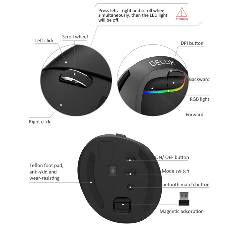 Chuột dọc mini DELUX M618 không dây 2.4G 2400DPI USB có thể sạc lại, Thiết kế công thái học, M618 màu xám