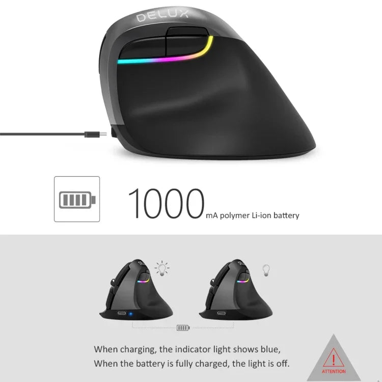 Chuột dọc mini DELUX M618 không dây 2.4G 2400DPI USB có thể sạc lại, Thiết kế công thái học, M618 màu xám