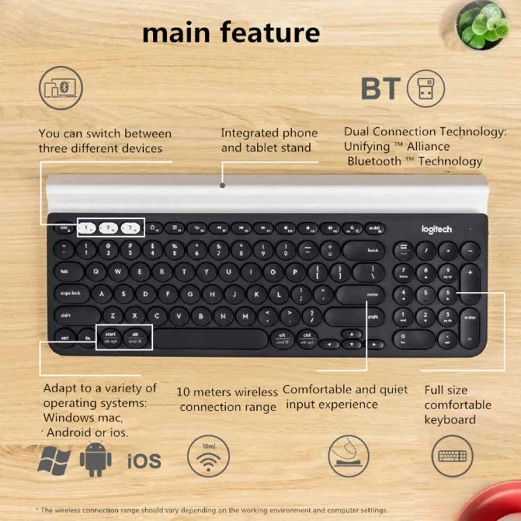 Bàn phím không dây đa thiết bị Logitech K780 Bluetooth + Unifying chế độ kép có giá đỡ