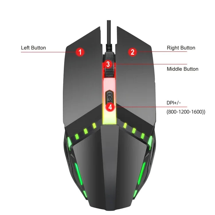 Chuột chơi game có dây HXSJ S200 USB2.0 1600dpi điều chỉnh 4 phím phát sáng nhiều màu, Chiều dài: 1.5m