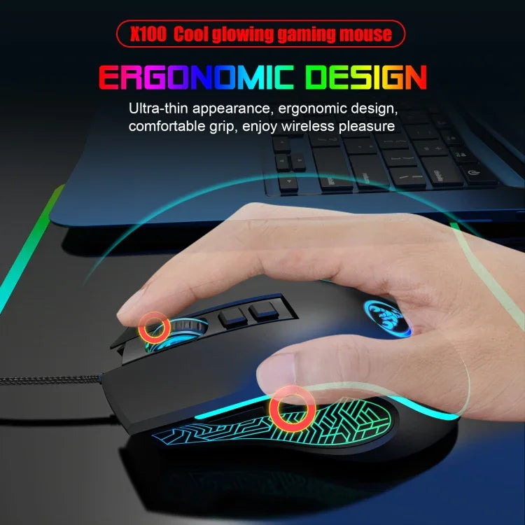 Chuột chơi game có dây phát sáng mát mẻ 7 nút HXSJ X100 3600 DPI, chiều dài cáp: 1.5m