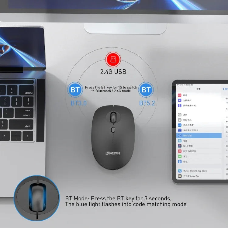 Chuột không dây ba chế độ 2.4G+BT5.0+BT3.0 MKESPN 859, 2.4G+BT5.0+BT3.0