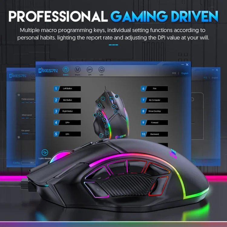 Chuột có dây định nghĩa macro RGB 12 nút tốc độ đầy đủ 12800DPI MKESPN X15, x15