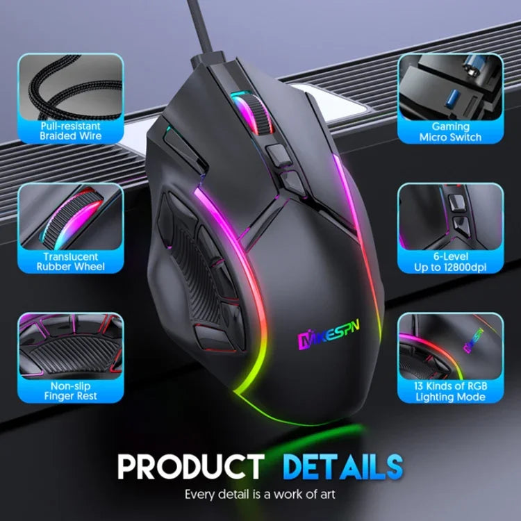 Chuột có dây định nghĩa macro RGB 12 nút tốc độ đầy đủ 12800DPI MKESPN X15, x15