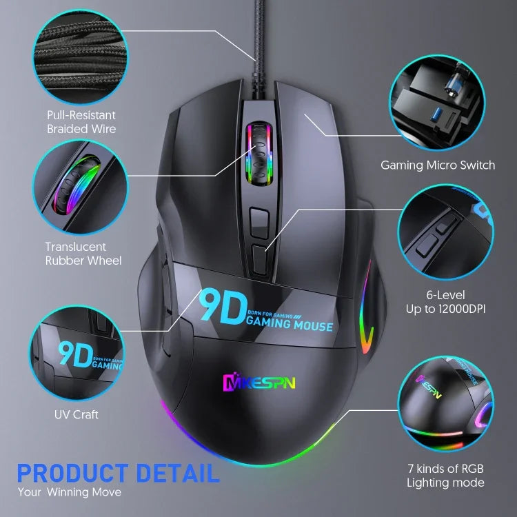Chuột chơi game có dây định nghĩa macro RGB 9 nút tốc độ đầy đủ MKESPN X10, định nghĩa macro tốc độ đầy đủ