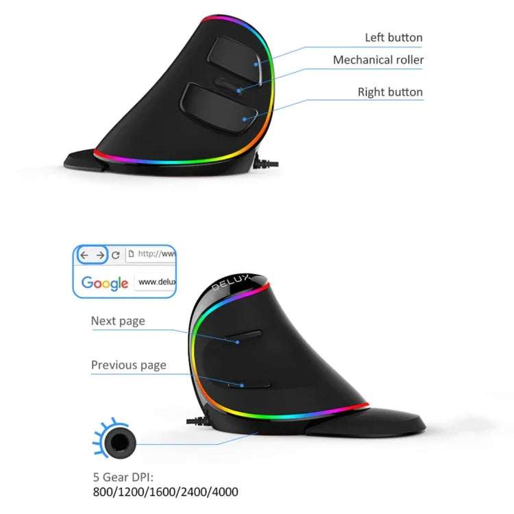 Chuột quang có dây DELUX M618 Plus RGB chuột dọc công thái học 4000DPI, 4000DPI có dây