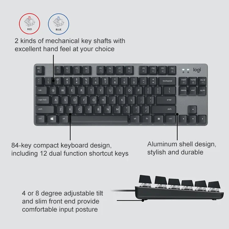 Bàn phím cơ mini có dây Logitech K835, phím xanh lá, phím xanh lá