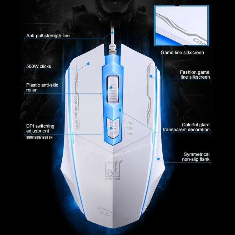 Chuột chơi game quang có dây USB Chasing Leopard 199 1600DPI điều chỉnh 3 tốc độ có đèn LED nền, chiều dài: 1.3m, 199 màu đen, 199