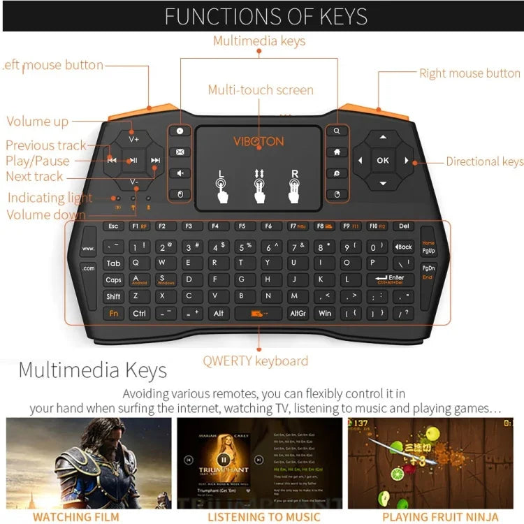Bàn phím không dây VIBOTON i8 Plus cập nhật 2.4GHz QWERT Mini có Touchpad cho TV Box, Mi Box, Máy tính, Máy tính bảng, Laptop và Máy chiếu (Màu đen), Bàn phím không dây