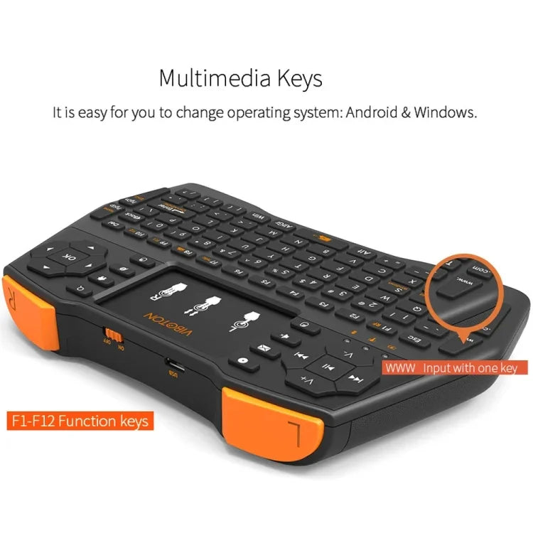 Bàn phím không dây VIBOTON i8 Plus cập nhật 2.4GHz QWERT Mini có Touchpad cho TV Box, Mi Box, Máy tính, Máy tính bảng, Laptop và Máy chiếu (Màu đen), Bàn phím không dây