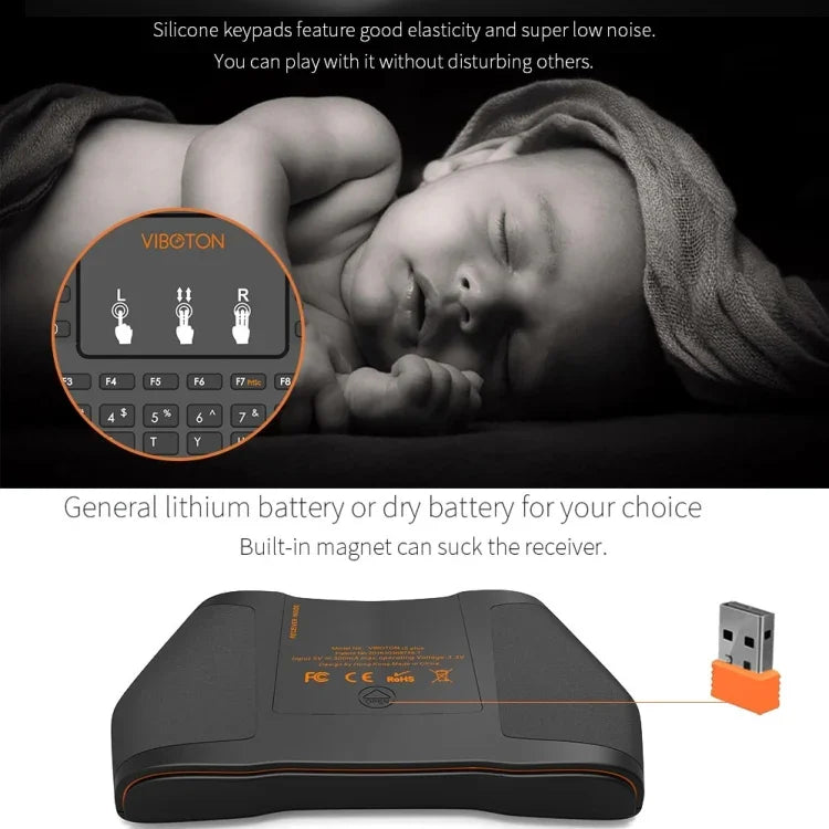 Bàn phím không dây VIBOTON i8 Plus cập nhật 2.4GHz QWERT Mini có Touchpad cho TV Box, Mi Box, Máy tính, Máy tính bảng, Laptop và Máy chiếu (Màu đen), Bàn phím không dây