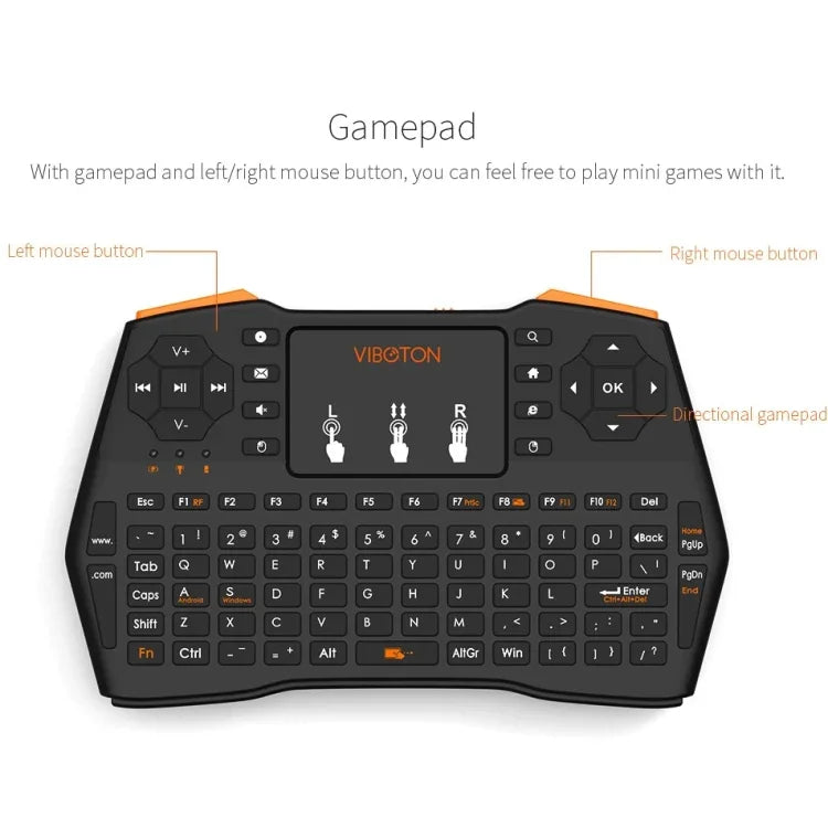 Bàn phím không dây VIBOTON i8 Plus cập nhật 2.4GHz QWERT Mini có Touchpad cho TV Box, Mi Box, Máy tính, Máy tính bảng, Laptop và Máy chiếu (Màu đen), Bàn phím không dây