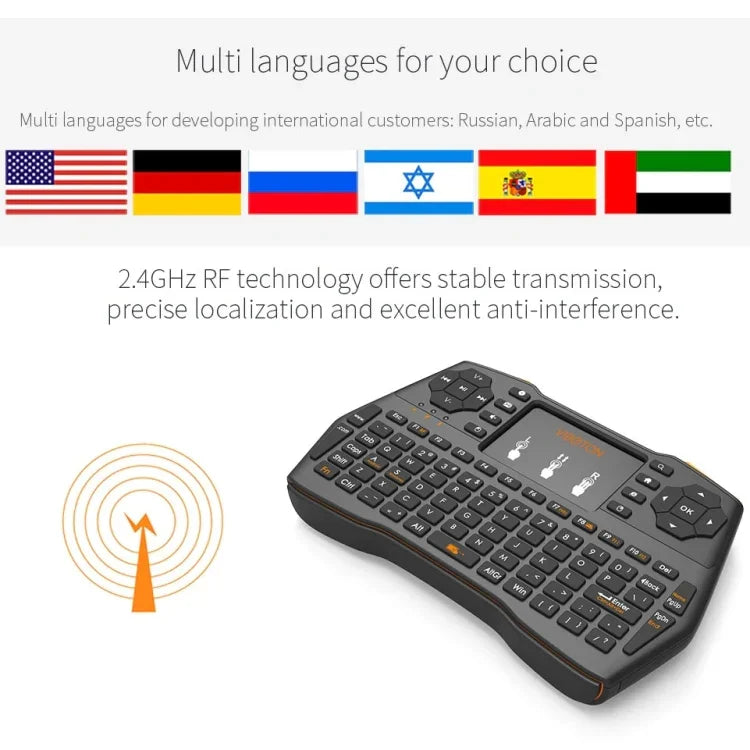 Bàn phím không dây VIBOTON i8 Plus cập nhật 2.4GHz QWERT Mini có Touchpad cho TV Box, Mi Box, Máy tính, Máy tính bảng, Laptop và Máy chiếu (Màu đen), Bàn phím không dây