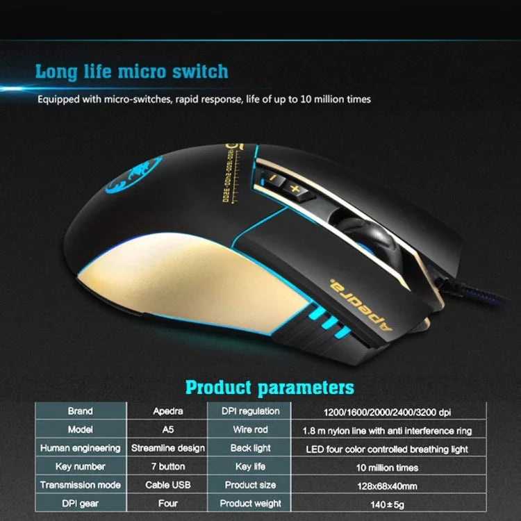 Chuột chơi game chính xác cao Apedra iMICE A5 đèn LED bốn màu điều khiển ánh sáng thở USB 7 nút 3200 DPI có dây quang học cho máy tính PC Laptop, iMICE A5