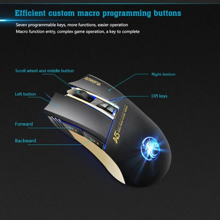 Chuột chơi game chính xác cao Apedra iMICE A5 đèn LED bốn màu điều khiển ánh sáng thở USB 7 nút 3200 DPI có dây quang học cho máy tính PC Laptop, iMICE A5