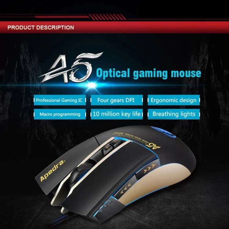 Chuột chơi game chính xác cao Apedra iMICE A5 đèn LED bốn màu điều khiển ánh sáng thở USB 7 nút 3200 DPI có dây quang học cho máy tính PC Laptop, iMICE A5