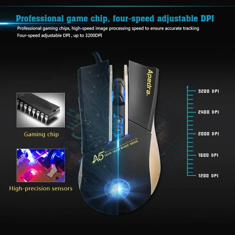 Chuột chơi game chính xác cao Apedra iMICE A5 đèn LED bốn màu điều khiển ánh sáng thở USB 7 nút 3200 DPI có dây quang học cho máy tính PC Laptop, iMICE A5