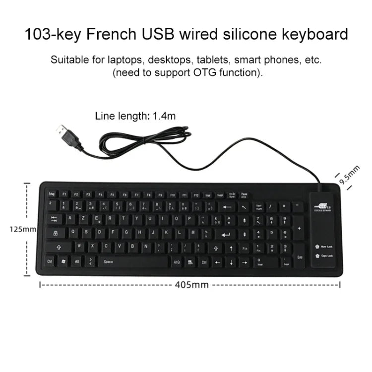 Bàn phím USB có dây chống nước 103 phím tiếng Pháp bằng silicone cho máy tính để bàn và laptop, Dài cáp: 1.5m