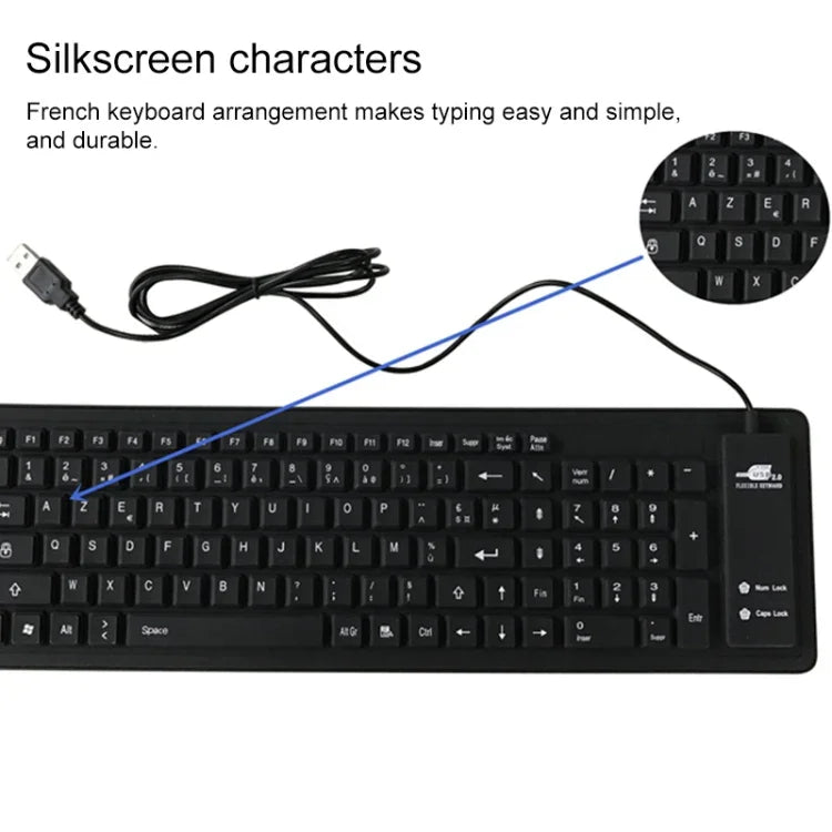 Bàn phím USB có dây chống nước 103 phím tiếng Pháp bằng silicone cho máy tính để bàn và laptop, Dài cáp: 1.5m