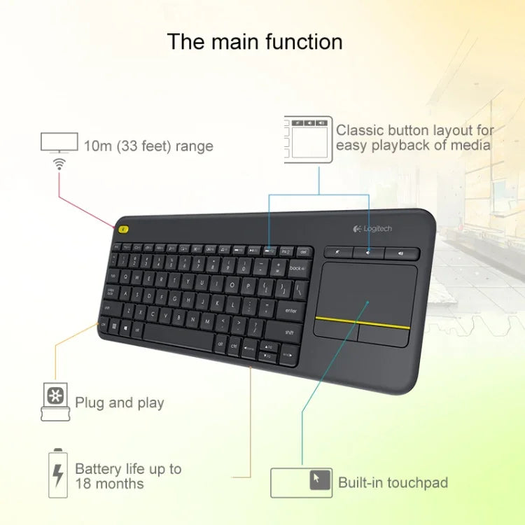 Bàn phím điều khiển cảm ứng không dây Logitech K400 Plus 2.4GHz, phạm vi không dây: 10m, Logitech K400 Plus