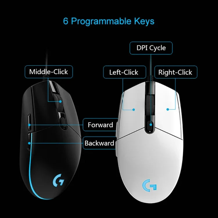 Chuột chơi game quang có dây Logitech G102 6 phím RGB phát sáng 6000DPI điều chỉnh 5 tốc độ, chiều dài: 2m, G102, G102 (Trắng)