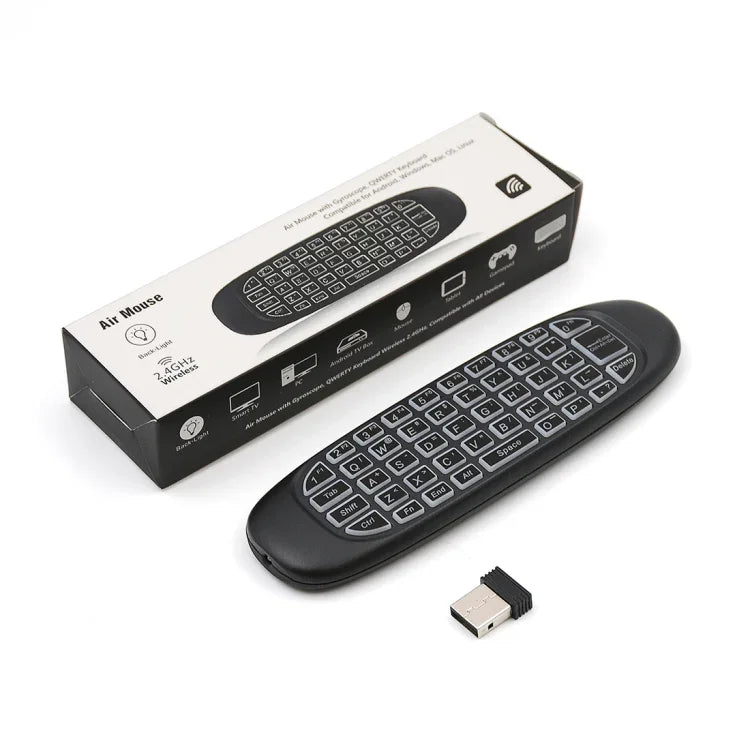 C120 Chuột không dây Air Mouse có đèn nền 2.4GHz, bàn phím, cảm biến con quay 3D, điều khiển từ xa Android cho PC, Android TV Box / Smart TV, thiết bị chơi game, bàn phím đèn nền trắng
