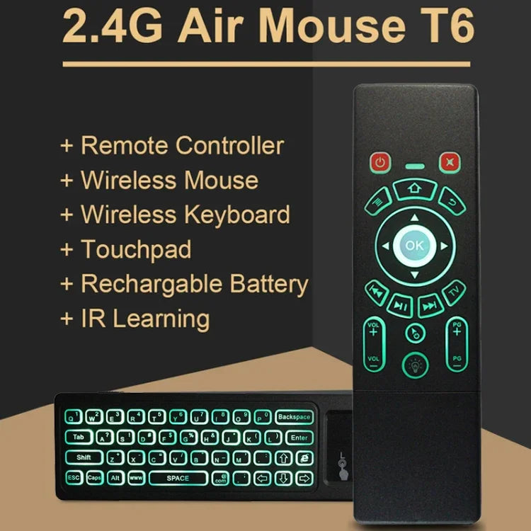 T6 Phiên bản đèn màu Chuột không dây Air Mouse 2.4GHz, điều khiển từ xa có touchpad & học IR cho PC, Android TV Box / Smart TV, thiết bị đa phương tiện, T6
