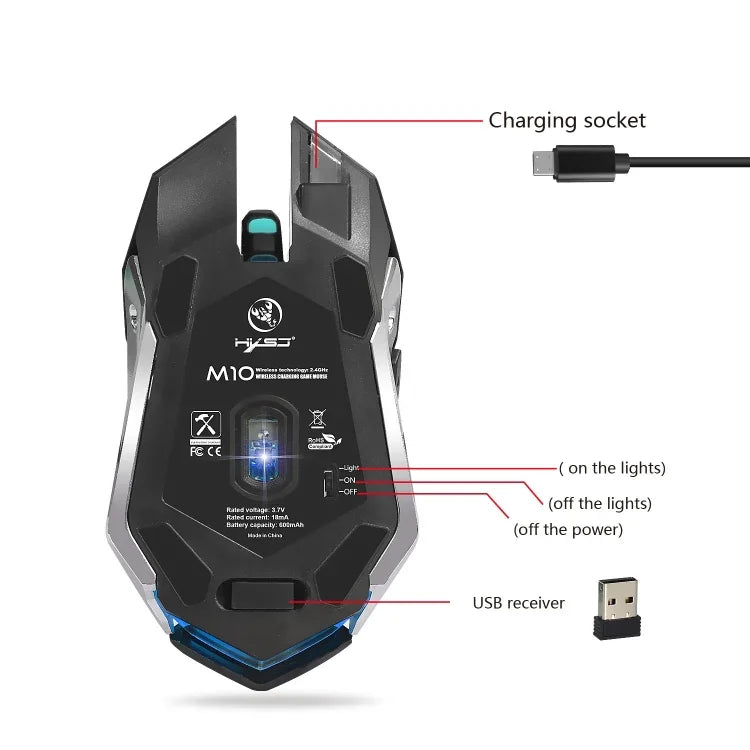 Chuột chơi game quang không dây sạc lại HXSJ M10 2.4GHz 6 phím với đèn màu sắc 2400DPI công thái học cho máy tính để bàn, M10