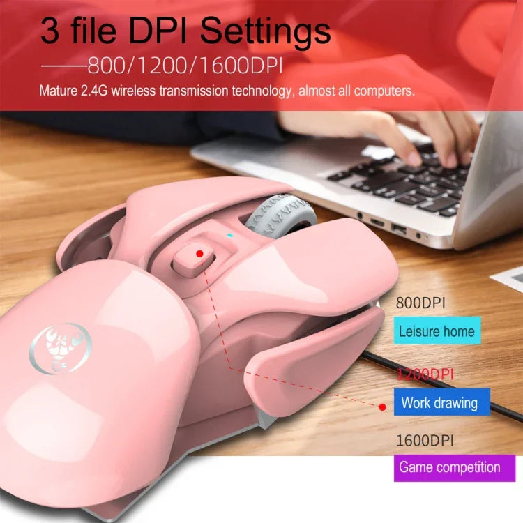 Chuột không dây điều chỉnh 3 chế độ HXSJ T37 2.4GHz 1600dpi im lặng, T37 màu hồng