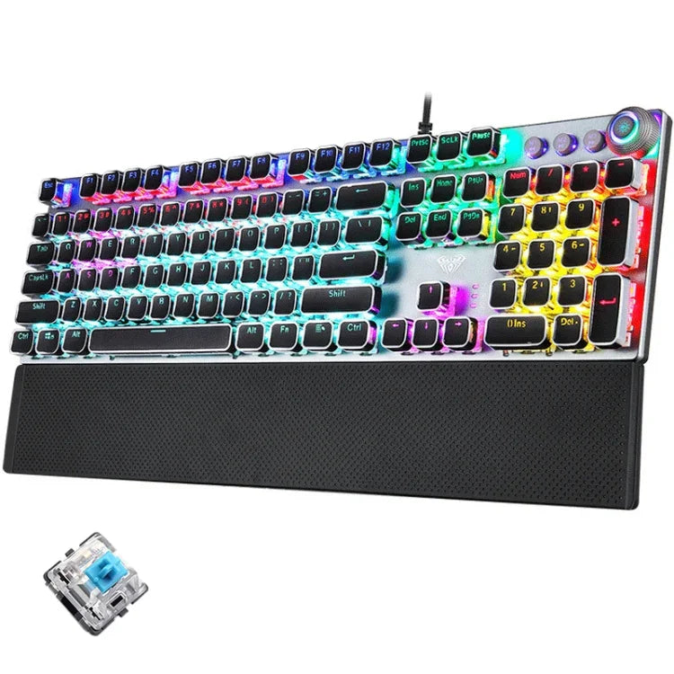 Bàn phím chơi game có dây USB cơ học AULA F2088 108 phím pha trộn ánh sáng phong cách punk mạ điện với nút kim loại, Switch xanh bạc