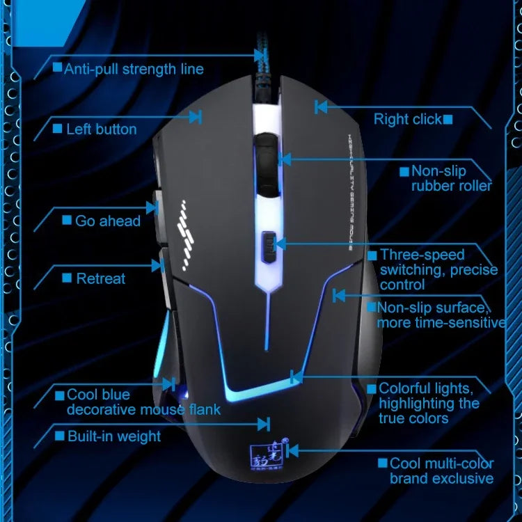Chuột chơi game quang có dây Chasing Leopard T7 USB 6 phím 2400DPI điều chỉnh 3 tốc độ có đèn nền, trọng lượng cân bằng tích hợp, chiều dài: 1.8m, T7