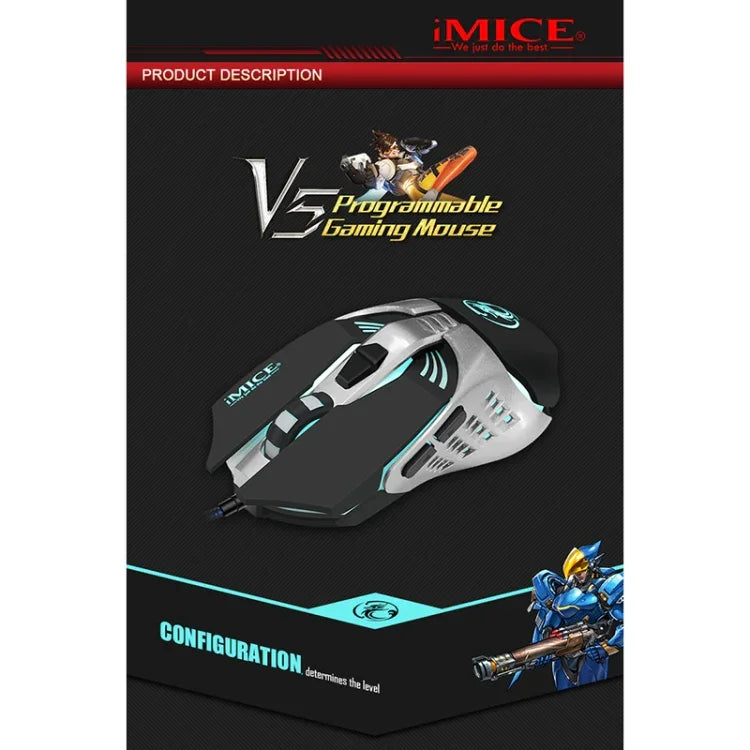 Chuột chơi game quang có dây iMICE V5 USB 7 nút 4000 DPI đèn nền nhiều màu cho máy tính PC Laptop, V5 (Trắng)