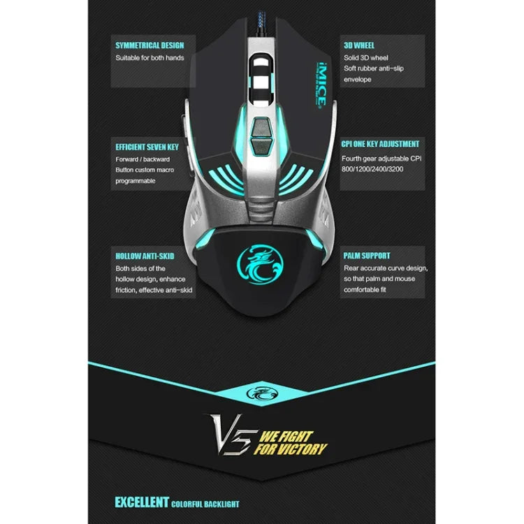 Chuột chơi game quang có dây iMICE V5 USB 7 nút 4000 DPI đèn nền nhiều màu cho máy tính PC Laptop, V5 (Trắng)